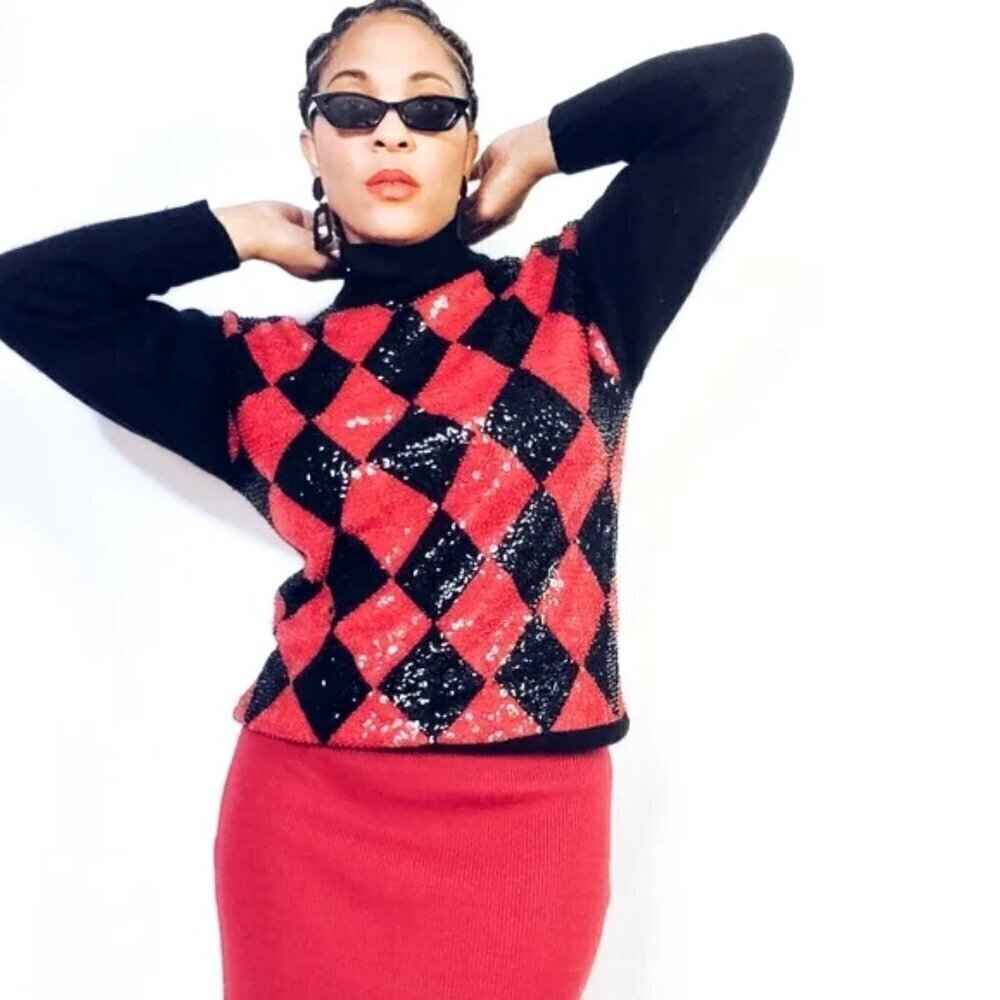 Vintage IB Diffusion Sequin Argyle Mock Neck Sweater Small
